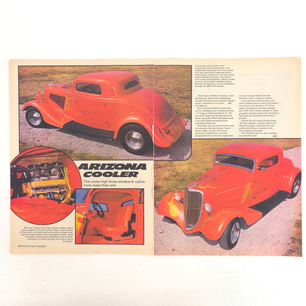 1934 Ford Three-Window Coupe Arizona Cooler Print Ad Flames Engine Vintage 1970s